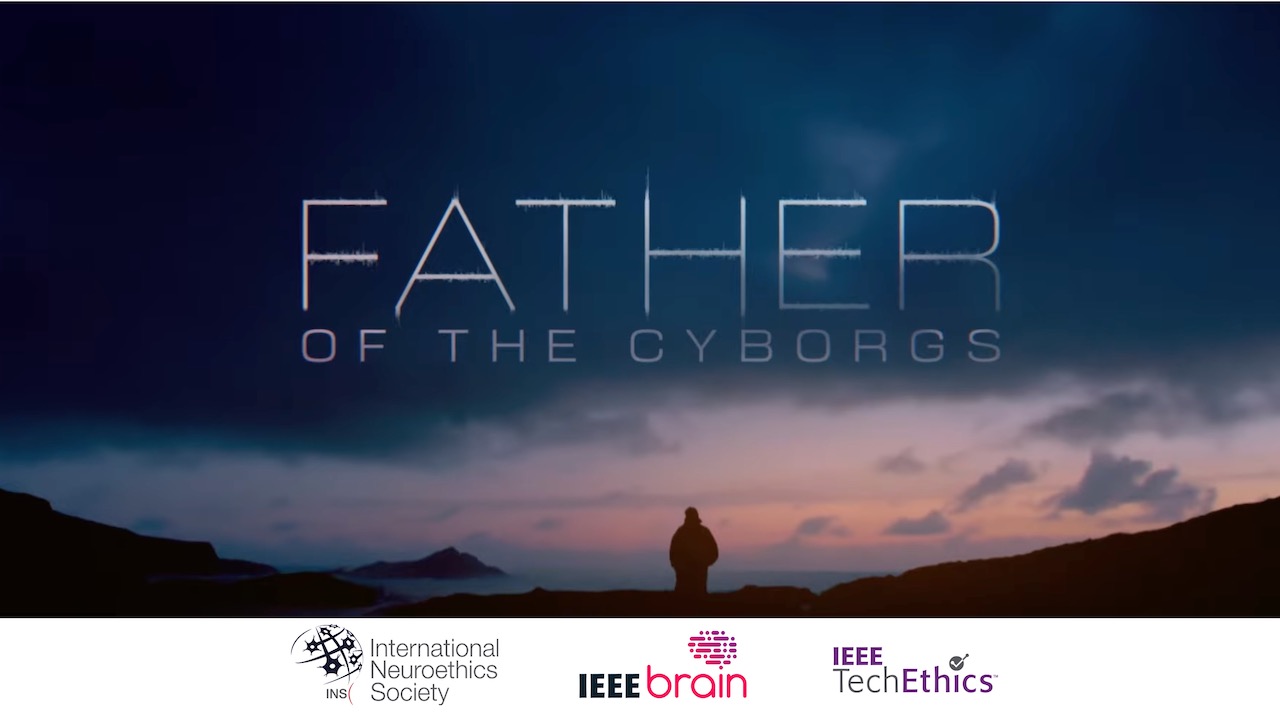 Father of the Cyborgs, movie image with silhouette of person and horizon; Organizing groups logos below it;
