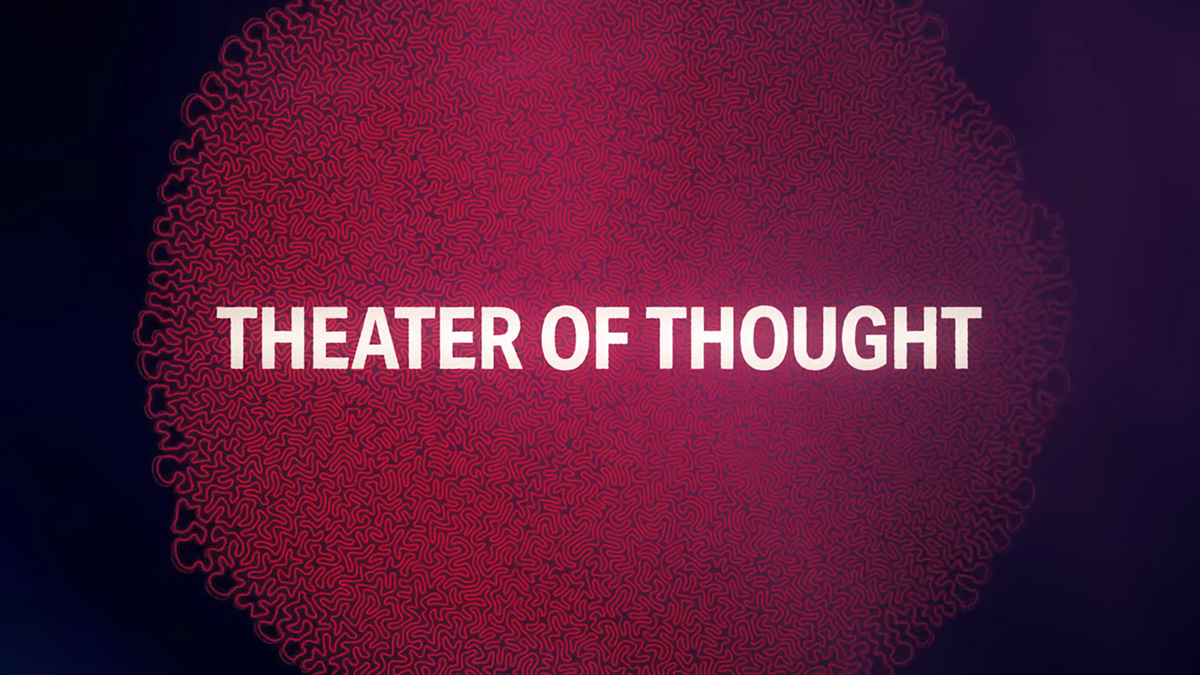 Theater of Thought, with dark background and intricate maze red lines in the shape of a brain